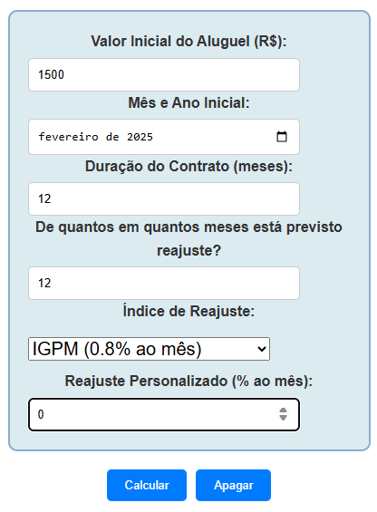 Exemplo de cálculo de Aluguel