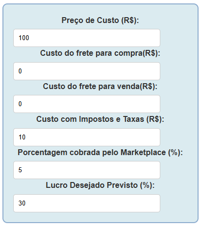Exemplo de cálculo de preço de venda de produtos